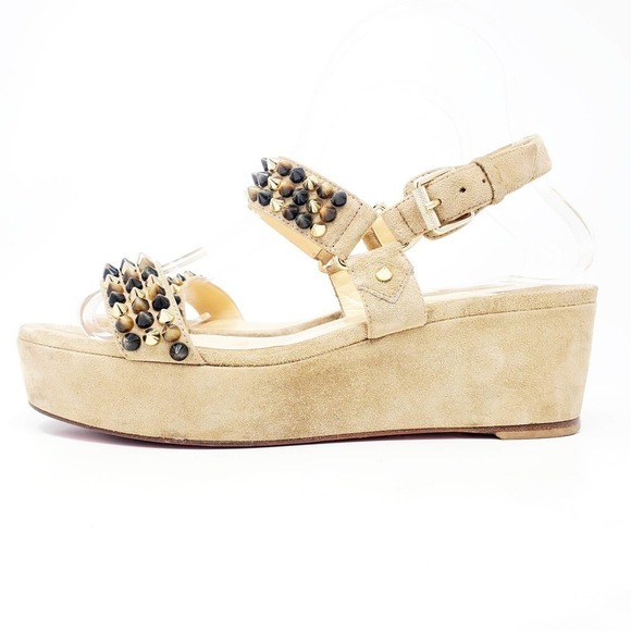 Christian Louboutin Platform Sandals Flat Wedge Gold Brown Spike Stud Tan EU 38 - Picture 6 of 9